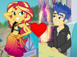 Size: 1158x852 | Tagged: safe, edit, edited screencap, screencap, flash sentry, sunset shimmer, equestria girls, equestria girls specials, g4, my little pony equestria girls: better together, my little pony equestria girls: forgotten friendship, pinkie pie: snack psychic, belly button, clothes, female, heart, jukebox, male, ship:flashimmer, shipping, shipping domino, straight, sunset selfie, swimsuit