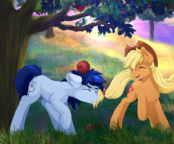 Size: 2900x2388 | Tagged: safe, artist:wildviolet-m, applejack, oc, oc:constance everheart, pony, g4, apple, apple tree, canon x oc, commission, everjack, female, food, high res, male, mare, shipping, smiling, stallion, straight, tree