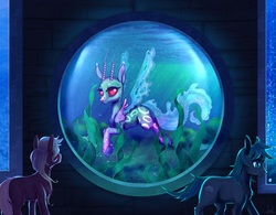 Size: 1376x1071 | Tagged: safe, artist:dumddeer, oc, oc only, earth pony, merpony, pony, aquarium, horns, smiling, underwater, water