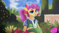 Size: 1920x1080 | Tagged: safe, artist:hierozaki, angel bunny, fluttershy, pony, g4, alternate hairstyle, apron, bow, clothes, cottagecore, female, flower, garden, hair bow, hoof hold, looking at you, mare, open mouth, outdoors, ponytail