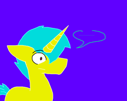 Size: 1074x854 | Tagged: safe, artist:dazzlingmimi, oc, oc only, oc:assassin, oc:old assassin, pony, unicorn, tumblr:the sun has inverted, ..., 8l, 8|, blue background, brighter coat, brighter hair, color change, indigo background, inverted, inverted colors, lighter coat, lighter hair, male, petrification, purple background, red eye, sidemouth, simple background, sky blue hair, solo, speech bubble, tumblr, unicorn oc, violet background, wide eyes, word bubble, yellow coat