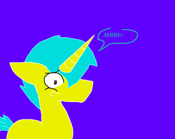 Size: 1074x854 | Tagged: safe, artist:dazzlingmimi, oc, oc only, oc:assassin, oc:old assassin, pony, unicorn, tumblr:the sun has inverted, 380, blue background, brighter coat, brighter hair, color change, indigo background, inverted, inverted colors, lighter coat, lighter hair, male, panicking, petrification, purple background, red eye, scared, screaming, sidemouth, simple background, sky blue hair, solo, speech bubble, tumblr, unicorn oc, violet background, wide eyes, word bubble, yellow coat