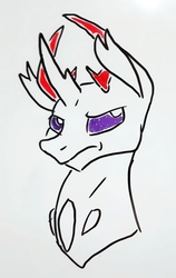 Size: 1268x2009 | Tagged: safe, artist:smirk, pharynx, changedling, changeling, g4, bust, doodle, frustrated, partial color, portrait, prince pharynx, solo, whiteboard
