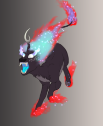 Size: 1811x2227 | Tagged: safe, artist:blackblood-queen, oc, oc only, oc:locke, kirin, nirik, angry, chest fluff, cloven hooves, fangs, fire, freckles, glowing eyes, gradient background, jumping, leonine tail, male, mane of fire, maw, neck fluff, on fire, open mouth, rage, raised hoof, raised leg, sharp teeth, shoulder fluff, slit pupils, solo, sparkles, teeth