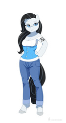 Size: 592x1100 | Tagged: safe, artist:carnifex, oc, oc only, oc:achromia, robot, anthro, unguligrade anthro, anthro oc, clothes, cookie, fangs, female, freckles, mare, off shoulder, pants, simple background, smiling, white background