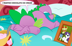 Size: 1280x826 | Tagged: safe, artist:multiversecafe, edit, flam, rarity, spike, dragon, pony, unicorn, g4, bed, crying, facial hair, female, food, ice cream, male, moustache, photo, picture frame, pillow, rariflam, ship:sparity, shipping, spoon, straight