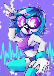 Size: 648x916 | Tagged: safe, artist:techycutie, dj pon-3, vinyl scratch, human, equestria girls, g4, belly button, bracelet, breasts, busty vinyl scratch, clothes, female, glasses, goggles, jewelry, midriff, nail polish, open mouth, shiny, sideboob, socks, solo, sports bra, sports shorts, stars, thigh highs, waveform