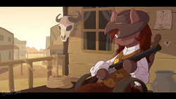 Size: 1280x720 | Tagged: safe, artist:kraaisha, oc, oc only, pony, female, gun, hat, looking at you, shotgun, solo, weapon