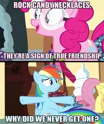 Size: 500x595 | Tagged: safe, edit, edited screencap, screencap, fluttershy, pinkie pie, rainbow dash, earth pony, pegasus, pony, g4, maud pie (episode), caption, comic, confused, female, food, ice cream, ice cream cone, image macro, impact font, mare, rock candy, rock candy necklace, safety goggles, screencap comic, smiling, stuffed, tail, text, wings