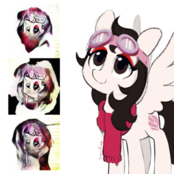 Size: 900x900 | Tagged: safe, ai assisted, ai content, ai reference, artist:dawnfire, prompter:aerial, oc, oc only, oc:aerial, pegasus, pony, ai interpretation, brown eyes, clothes, eyeshadow, generation errors, goggles, looking up, makeup, red scarf, redraw, scarf, simple background, solo, spread wings, white background, wings
