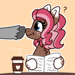 Size: 600x600 | Tagged: safe, artist:pink-pone, oc, oc only, oc:ginger, earth pony, pony, :i, boop, coffee, female, mare, newspaper, offscreen character, question mark, scrunchy face, simple background, unshorn fetlocks