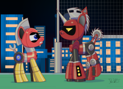 Size: 3506x2550 | Tagged: safe, artist:trackheadtherobopony, oc, oc:buzzsaw, oc:trackhead, pony, robot, robot pony, city, high res, menacing, signature