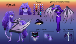 Size: 1280x744 | Tagged: safe, artist:tri-edge, oc, oc only, oc:amelia valkyria, bat pony, pony, anthro, ask the lunar general, anthro oc, anthro with ponies, bat pony oc, clothes, dress, female, reference sheet, solo