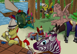 Size: 2912x2059 | Tagged: safe, artist:lizardwithhat, somnambula, oc, bat pony, beetle, earth pony, okapi, pegasus, pony, unicorn, zebra, g4, book, camera, clothes, desert, detailed background, expedition, female, fez, grass, hat, high res, magic staff, magnifying glass, male, mare, palm tree, pipe, river, ruins, ship, stallion, statue, tree, turban, wadjet