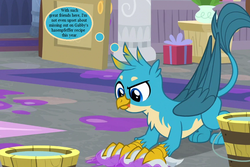 Size: 858x572 | Tagged: safe, edit, edited screencap, editor:korora, screencap, gallus, griffon, g4, the hearth's warming club, bucket of water, carnivore, cropped, furry reminder, implied gabby, lamp, school of friendship, scrubbing, text, thought bubble, tongue out