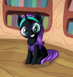 Size: 1907x2024 | Tagged: safe, artist:irisarco, derpibooru exclusive, oc, oc only, oc:nyx, alicorn, pony, book, clothes, cute, female, filly, glasses, golden oaks library, headband, nyxabetes, smiling, solo, vest
