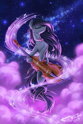 Size: 2000x3000 | Tagged: safe, artist:1jaz, octavia melody, earth pony, pony, g4, bow (instrument), bowtie, cello, cloud, eyes closed, female, high res, hoof hold, mare, music notes, musical instrument, night, octavia's bowtie, redraw, sky, solo, starry night, stars