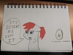 Size: 4032x3024 | Tagged: safe, artist:pinkamenace, oc, oc only, oc:golden lotus, pony, avocado, dialogue, food, solo, sweat, traditional art