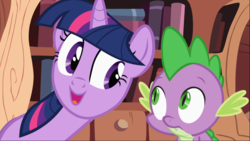 Size: 1667x939 | Tagged: safe, screencap, spike, twilight sparkle, dragon, pony, unicorn, g4, lesson zero, duo, female, golden oaks library, looking at each other, male, mare, open mouth, unicorn twilight