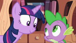 Size: 1668x938 | Tagged: safe, screencap, spike, twilight sparkle, dragon, pony, unicorn, g4, lesson zero, duo, female, golden oaks library, looking at each other, male, mare, smiling, unicorn twilight