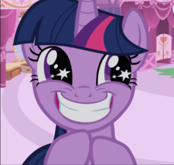 Size: 988x938 | Tagged: safe, screencap, twilight sparkle, pony, unicorn, g4, lesson zero, cropped, cute, eager, female, hooves together, smiling, solo, starry eyes, teeth, twiabetes, unicorn twilight, wingding eyes