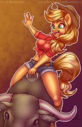Size: 990x1530 | Tagged: safe, artist:bumblebun, applejack, earth pony, anthro, g4, applejack's hat, belly button, belt, boots, breasts, clothes, cowboy hat, female, freckles, hat, mechanical bull, midriff, nail polish, open mouth, shoes, shorts
