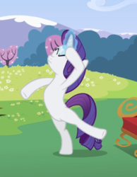 Size: 591x762 | Tagged: safe, screencap, rarity, pony, unicorn, g4, lesson zero, bipedal, cropped, drama queen, eyes closed, female, glowing horn, hoof on head, horn, mare, raised hoof, raised leg, solo
