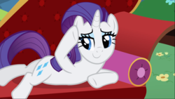 Size: 1667x939 | Tagged: safe, screencap, rarity, pony, unicorn, g4, lesson zero, fainting couch, female, hoof on head, lidded eyes, lying down, mare, smiling, solo