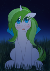 Size: 1011x1437 | Tagged: safe, artist:verawitch, oc, oc only, oc:minty root, pony, blushing, looking up, night, open mouth, solo