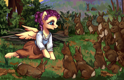 Size: 2000x1300 | Tagged: safe, artist:nancy-05, fluttershy, hare, pegasus, rabbit, anthro, semi-anthro, g4, alternate hairstyle, arm hooves, blouse, blushing, clothes, cute, female, fine art parody, forest, looking at something, mare, open mouth, outdoors, percy harland fisher, ponified, shyabetes, skirt, solo, spread wings, wings