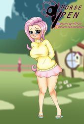 Size: 2320x3420 | Tagged: safe, artist:horsepen, fluttershy, human, g4, arm behind back, big breasts, blushing, breasts, busty fluttershy, clothes, female, fluttershy's cottage, hands behind back, high res, humanized, plump, sexy, solo, sweater, sweatershy