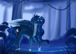 Size: 2912x2059 | Tagged: safe, artist:jacobdawz, princess luna, alicorn, pony, g4, alternate design, female, forest, high res, mare, missing accessory, night, solo