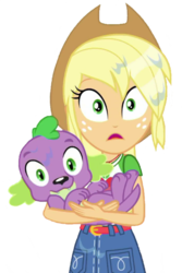 Size: 1536x2304 | Tagged: safe, edit, edited screencap, editor:lonely fanboy48, screencap, applejack, spike, spike the regular dog, dog, equestria girls, equestria girls series, g4, my little shop of horrors, background removed, clothes, cute, female, holding a dog, looking at you, male, ship:applespike, shipping, simple background, straight, tail, transparent, transparent background, vector, wet, wet hair, wet spike