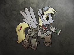 Size: 4000x3000 | Tagged: safe, artist:selenophile, derpy hooves, pegasus, pony, g4, :p, armor, bandana, clothes, collar, energy weapon, fallout, female, flying, goggles, hooves, jet (drug), laser pistol, mare, shoes, silly, smiling, sneakers, solo, spiked collar, spread wings, tongue out, wasteland, weapon, wings