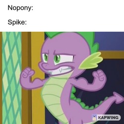 Size: 720x720 | Tagged: safe, edit, edited screencap, screencap, spike, dragon, g4, the crystalling, caption, cropped, flexing, image macro, kapwing, male, meme, muscles, nobody meme, solo, text