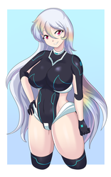 Size: 2419x3884 | Tagged: safe, artist:thebrokencog, rainbow dash, oc, oc:lunar rainbow, human, series:nightmare war, alternate hairstyle, alternate universe, big breasts, breasts, busty rainbow dash, clothes, collar, corrupted, curvy, gloves, hourglass figure, humanized, implied rainbow dash, leotard, long hair, looking at you, skintight clothes, smiling
