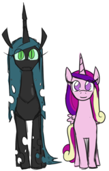 Size: 567x885 | Tagged: safe, artist:jargon scott, princess cadance, queen chrysalis, alicorn, changeling, changeling queen, pony, g4, :3, cute, cutealis, cutedance, duo, fangs, female, looking at you, mare, no pupils, simple background, smiling, white background