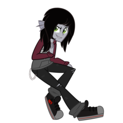 Size: 894x894 | Tagged: safe, artist:wubcakeva, derpibooru exclusive, siren, equestria girls, g4, chains, clothes, commission, equestria girls-ified, grin, hoodie, jeans, kellin quinn, looking at you, male, pants, raised leg, ripped jeans, shoes, simple background, sleeping with sirens, slit pupils, smiling, sneakers, solo, transparent background
