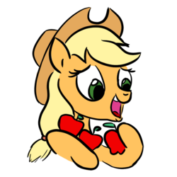 Size: 600x600 | Tagged: safe, artist:velgarn, applejack, earth pony, pony, g4, apple, cowboy hat, female, food, hat, holding, simple background, solo