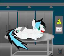 Size: 2935x2552 | Tagged: safe, artist:wheatley r.h., oc, oc only, oc:sturdy diablo, pegasus, pony, clothes, cutie mark, duct tape, folded wings, food, gloves, green eyes, hair, high res, implied vore, kitchen, lying down, male, mouth hold, pegasus oc, pegasus wings, refrigerator, single panel, solo, switch box, tail, teeth, tied, tomato, trolley, two toned mane, two toned tail, vector, watermark, wheel, white fur, wings
