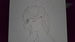 Size: 5312x2988 | Tagged: safe, artist:straighttothepointstudio, oc, oc only, pony, black and white, bow, bust, drawing, grayscale, messy mane, monochrome, one eye closed, portrait, solo, traditional art, wink