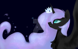 Size: 1024x653 | Tagged: safe, artist:shu-jeantte, nightmare moon, princess luna, alicorn, pony, chest fluff, crown, dark, deviantart watermark, ethereal mane, female, jewelry, mare, missing accessory, nightmare luna, obtrusive watermark, regalia, simple background, slit pupils, solo, spread wings, starry mane, watermark, wings