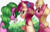 Size: 670x429 | Tagged: safe, artist:luciferamon, daisy, flower wishes, lily, lily valley, roseluck, earth pony, pony, g4, :o, cute, female, flower, flower in hair, flower trio, looking at you, looking back, looking back at you, mare, mouth hold, open mouth, raised hoof, sitting, smiling, trio, trio female