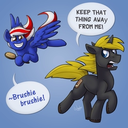 Size: 1024x1024 | Tagged: safe, artist:wiggles, oc, pegasus, pony, unicorn, fanfic:the brushie chase, brush, chase, dialogue, duo, fanfic, fanfic art, fanfic cover, female, gradient background, male, mare, stallion