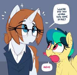 Size: 1274x1241 | Tagged: safe, artist:shinodage, oc, oc only, oc:apogee, oc:diamond gavel, pegasus, pony, unicorn, brush, clothes, cute, diageetes, dialogue, eye clipping through hair, female, filly, freckles, glasses, mare, mouth hold, open mouth, speech bubble