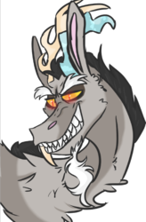 Size: 382x584 | Tagged: safe, artist:m00n-fruit, discord, draconequus, g4, bust, evil grin, facial hair, fangs, glowing eyes, goatee, grin, growling, male, smiling, solo