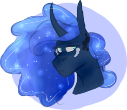 Size: 1224x1063 | Tagged: safe, artist:m00n-fruit, princess luna, alicorn, pony, g4, bust, coat markings, curved horn, dappled, ethereal mane, female, freckles, horn, looking sideways, missing accessory, solo, starry mane