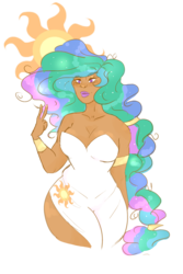 Size: 2000x3000 | Tagged: safe, artist:m00n-fruit, princess celestia, human, g4, armlet, big hair, bracelet, bracer, braid, breasts, cleavage, clothes, cutie mark, cutie mark on clothes, dark skin, dress, eyeshadow, female, high res, humanized, jewelry, lidded eyes, lipstick, makeup, missing accessory, peace sign, side slit, simple background, smiling, solo, tan skin, transparent background, white dress