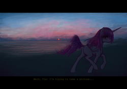 Size: 4000x2800 | Tagged: safe, artist:plotcore, princess celestia, alicorn, pony, g4, dialogue, female, mare, offscreen character, pink-mane celestia, scenery, solo, sunset, water, younger