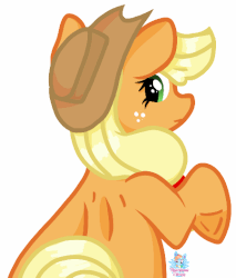 Size: 450x529 | Tagged: safe, artist:rainbow eevee, applejack, pony, g4, animated, cute, female, gif, hat, hooves, looking back, simple background, solo